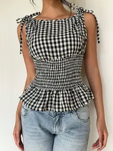Women's Top Plaid Waist Top Boat NeckStock Up DealsWaist Tie Ruffle Hem Shoulder Tie Tank Top SummerCute Y2k Commute Daily Elastic