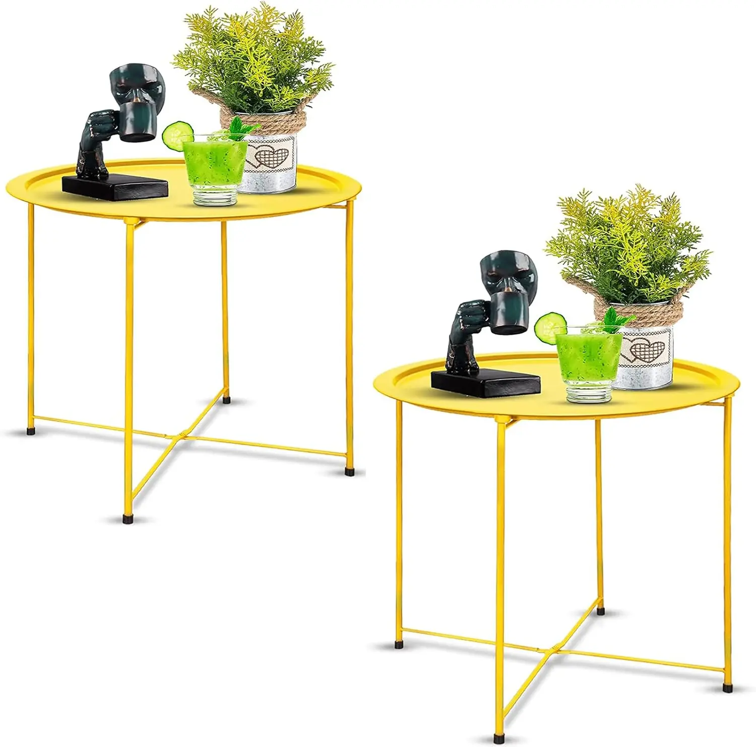 End Table 2 count Metal Side Table Yellow Round Folding Tray Cyan Sofa Small Accent Fold-able Table, Round End Table Tray, Next to Sofa Table, Snack Table for Living Room and Bed Room