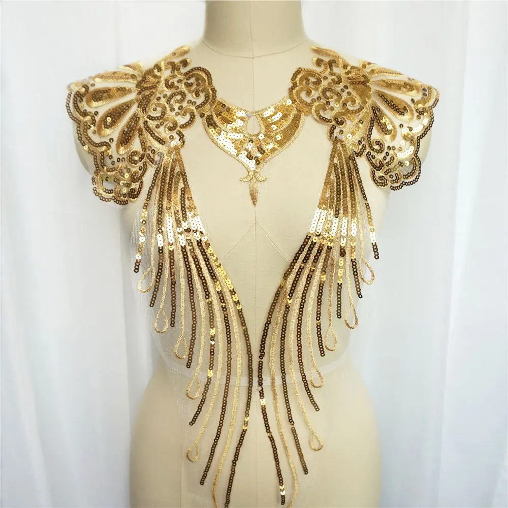 Sequin Lace Fabric Noble Gown Applique Embroidery Fringe Collar Net Patch Wedding Decoration Dress Set Gold Sequin Detail Wedding Embellishment