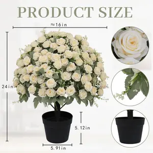 2 Pcs 24-Inch Artificial Rose Decoration UV Resistant, Lifelike Faux Floral Plants Fake Plants Greenery Boxwood for Indoor, Outdoor Garden Home Decoration Porch Patio (White/Pink/Yellow)