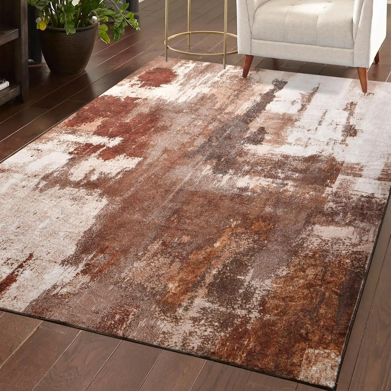 Living Room Rug, 4x6 Rug Modern Abstract Washable Rugs Brown Foldable Faux Wool Vintage Carpets, Non Slip Rug for Bedroom, Dining Room, College Dorm, Kids Playroom, Home Office