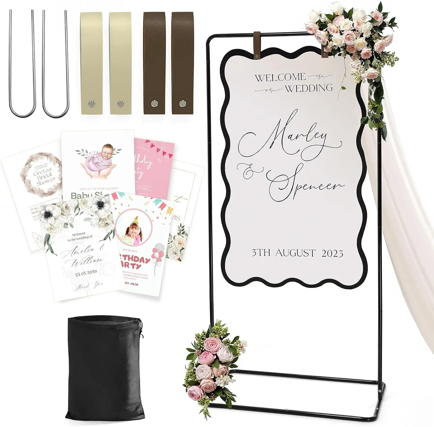 Wedding Welcome Sign Stand, Black Sign Holder, Includes Design Bundle | Easel Stand for Sign Poster With Ground Stakes & Leather Sign Hanging Straps, Linen Sign Stand for Wedding Decor