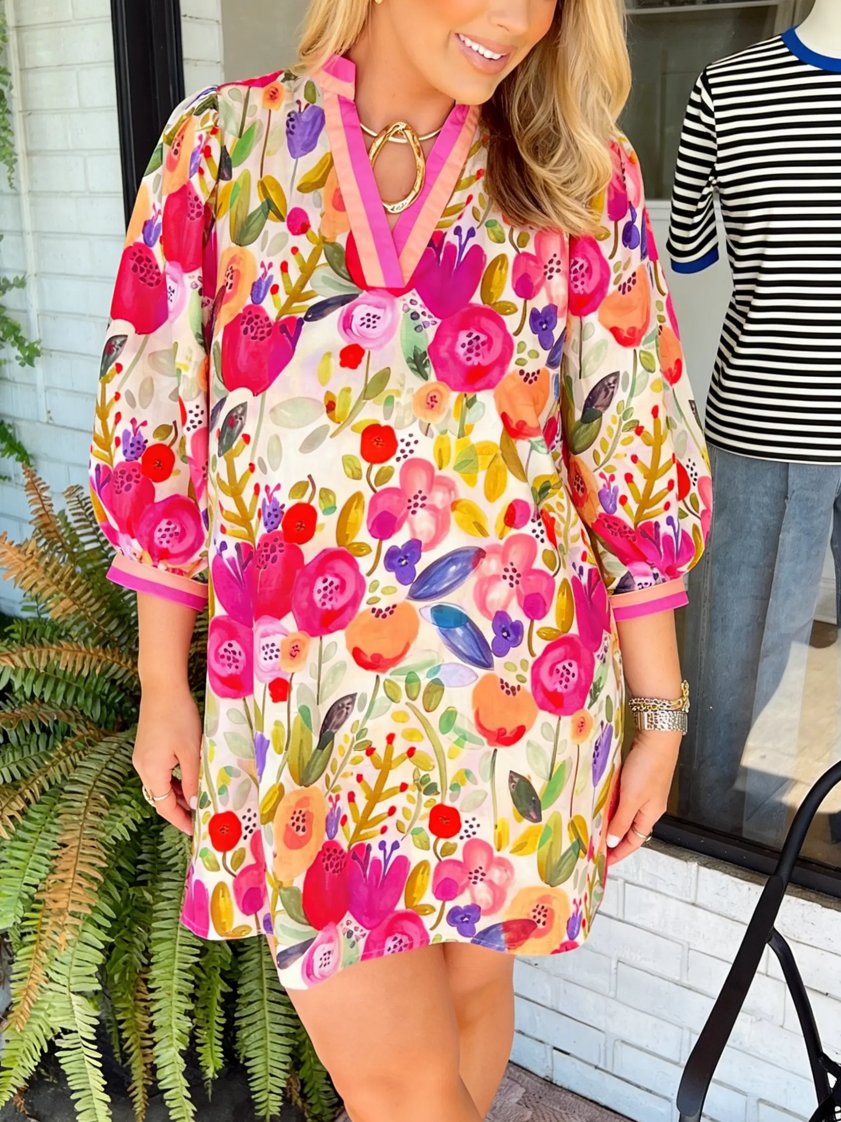 Women's Blush Pink Polyester Cute Floral Boho Mini Dress - 3/4-Sleeve V-Neck Flowy Casual Wear for Holiday, Garden-Party Perfect Lady Attire, Elegance