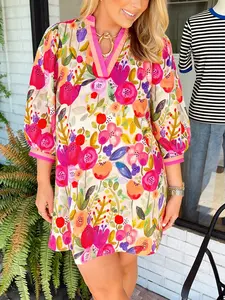 Womens Pink Floral Mini Dress V Neck Long Sleeve Spring Dress Easter Outfit Garden Party Dress Flowy Boho Vacation Dress Bridal Shower Dress