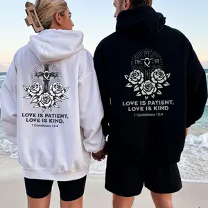 Couples Christian Hoodie with 1 Corinthians 134 Verse, Unisex Matching Sweatshirt, Religious Gift for Men & Women, Honeymoon Wedding Hoodie