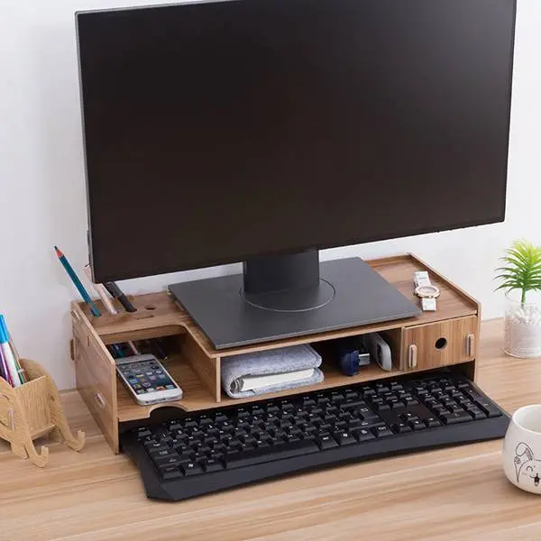 Wooden Monitor Stand Riser Computer Desk Organizer with Keyboard