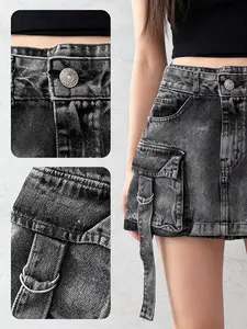 Women's High-Waisted Mini Skirt Y2K Retro Goth Vintage Harajuku Black Denim Skirt Stretch Multiple Pockets Form-Fitting Sexy Casual Streetwear Skirt for Spring Summer Fall Cute Skirts Casual Wear Biker Aesthetic