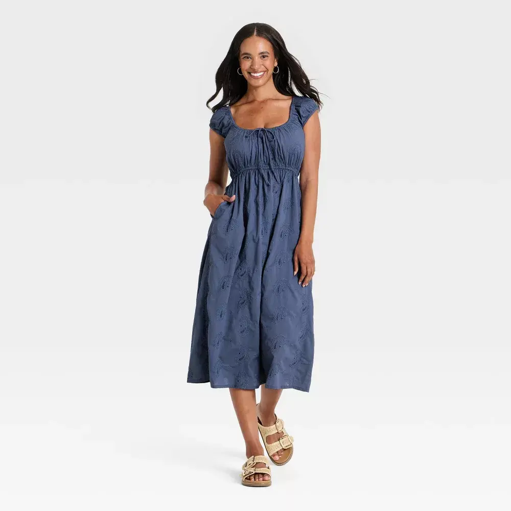 Women's Cap Sleeve Eyelet Midi Sundress Garment - Lightweight, Elastic, Comfortable Pullover Casual Dress, Cotton