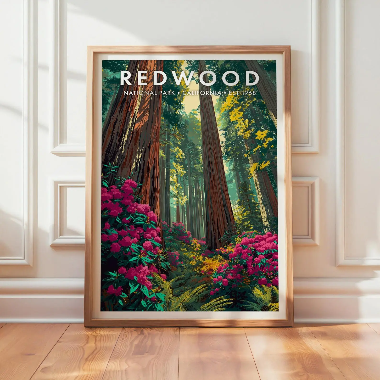 Vintage Redwood National Park Poster, Retro California Forest Print, Giant Tree Floral Decor, Unframed Nature Art