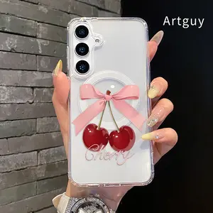 Magnetic Phone Case Compatible with Samsung Galaxy S24 Plus S25 Ultra S23 FE Ultra S22+  Sweet Cherries  Pattern Flexible Premium Stylish Transparent Gift Protection Case