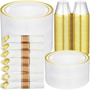 350pcs Gold Dinnerware Set 50 Guest, Gold for, And Cups And Sets - Wedding Disposable Set 50 Guests With Prerolled Napkin Cutlery