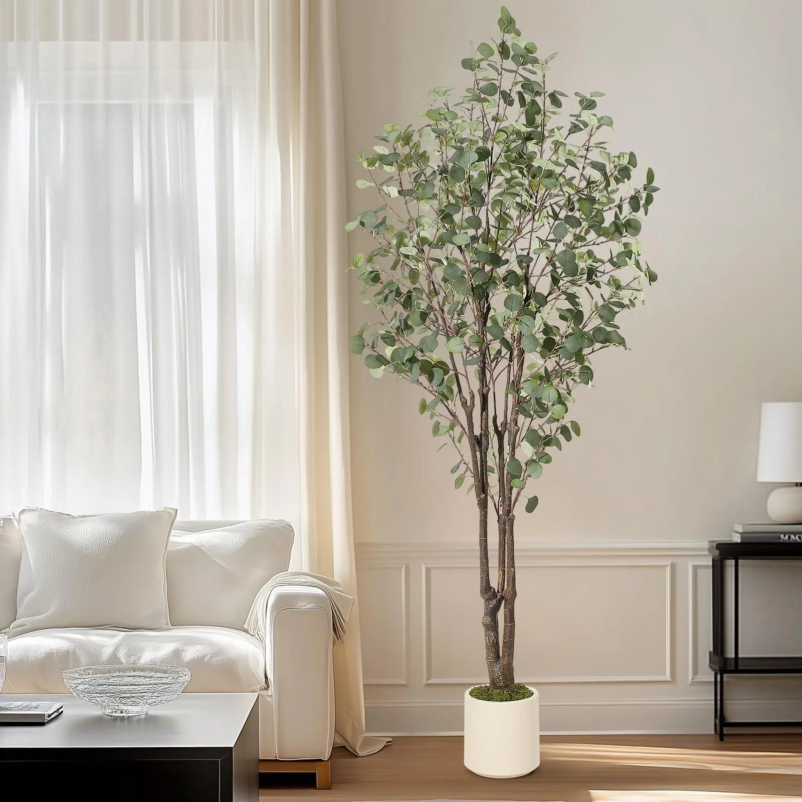 7FT Artificial Eucalyptus Tree with White Planter – Tall Fake Floor Plant for Home Decor Indoor, Large Faux Silk Tree