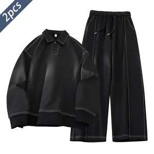 Autumn Vibes Men's Casual Flip Collar Sweatshirt & Joggers Set - Polyester Fiber, Machine Washable, Perfect Outfit for Spring & Autumn Outings Clothes Menswear Black Long Sleeve