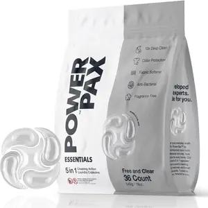 PowerPax 5-in-1  Detergent Pods, 36 Count Concentrated Enzyme Clean pods for Stain Removal, Odor Control, Fabric Softening & Color Care, Free & Clear