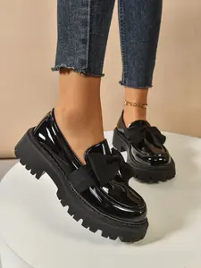 Women's Multifunctional Round Toe Casual Bow Decor Low Heel Slip-On Loafers, Elegant Vintage Design, All-Season Wear, Foot Support