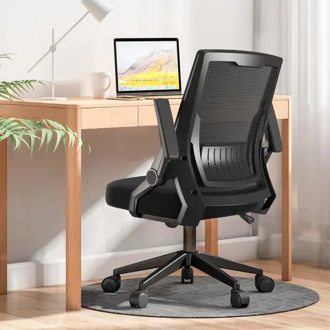 COMHOMA Ergonomic Swivel Office Chair - Flip-up Arms, Foldable Mesh Multi Purpose Desk Chair, 20" Seat Depth, Ergonomically Adjustable Seat, Adaptive Lumbar Support, Rolling Casters, Swivel Tilt, Home Office Workstation Laptop Desk Use, Black