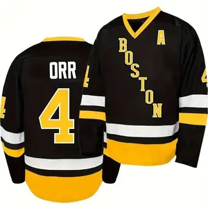 Men's Ice Hockey Jersey Number 4 - Breathable V-Neck Embroidered Sweater with Number 4 Emblem, All-Season Loose Fit for Training, Games, Casual Wear - Machine Washable Polyester Apparel (Black with White & Golden)
