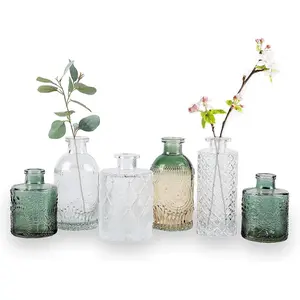 Bud Vase Set of 6, Small Flower Vases for Decorative, Gradient and Embossed Vintage Style Mini for Home Décor, Centerpiece 3.3"-5.2''H(Clear+Green)