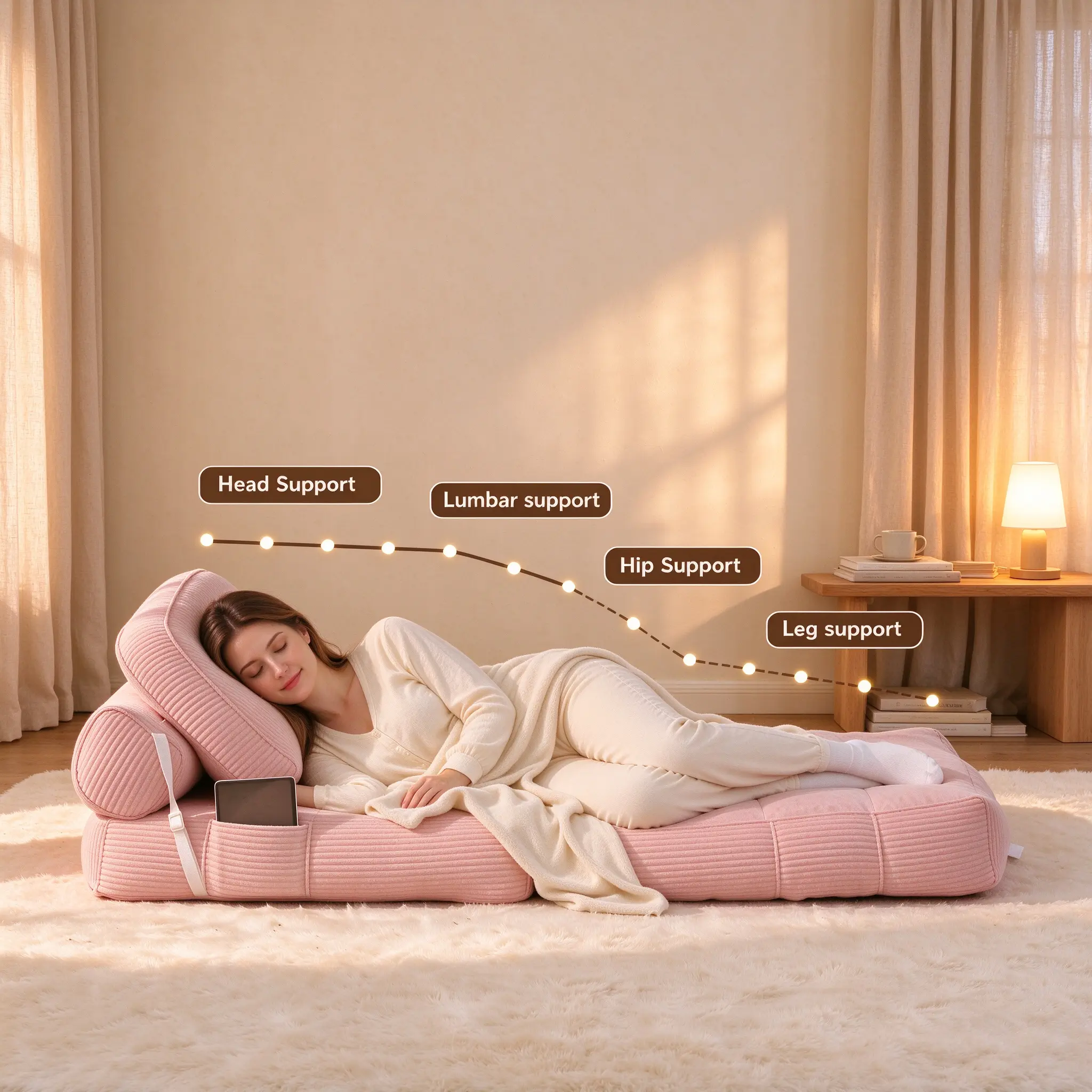 Pink Flannel Sponge Convertible Sleeper Sofa Bed - Corded Fabric Seat, Adjustable Headrest, Included Pillow, Cloud-Soft Foam Back Mattress, 34"x66" Solo Bed, Small-Space Living Room Furniture, Apartment Decor boneless couches