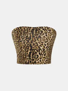 Women's Leopard Print Backless Crop Short Tube Top Knit, Casual Sleeveless Strapless Top for Summer, Ladies Clothes for Daily Wear