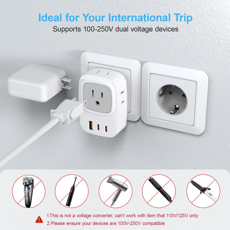 Germany France Power Adapter with 2 USB C, 4 AC Outlets. EU Plug Adapter for US to Europe, Korea, Iceland, Greece, Spain.