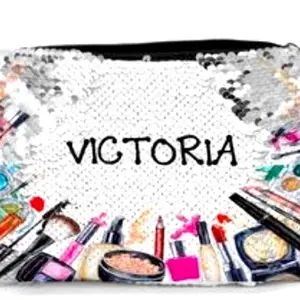 Personalized custom Makeup Bag with Sequin Design and Cosmetics Artwork for Beauty Enthusiasts