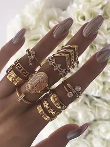 13-Piece Y2K Style Crown Embossed Virgin Mary Ring Set, Artificial Gemstone Zircon Rings, Floral Design Jewelry Collection, Stackable Rings