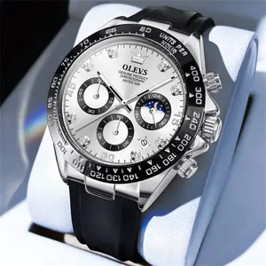 OLEVS Men Analog Quartz Waterproof Watches Multifunction Chronograph Diamond Moon Phase Luminous Silicone Band Wrist Watches
