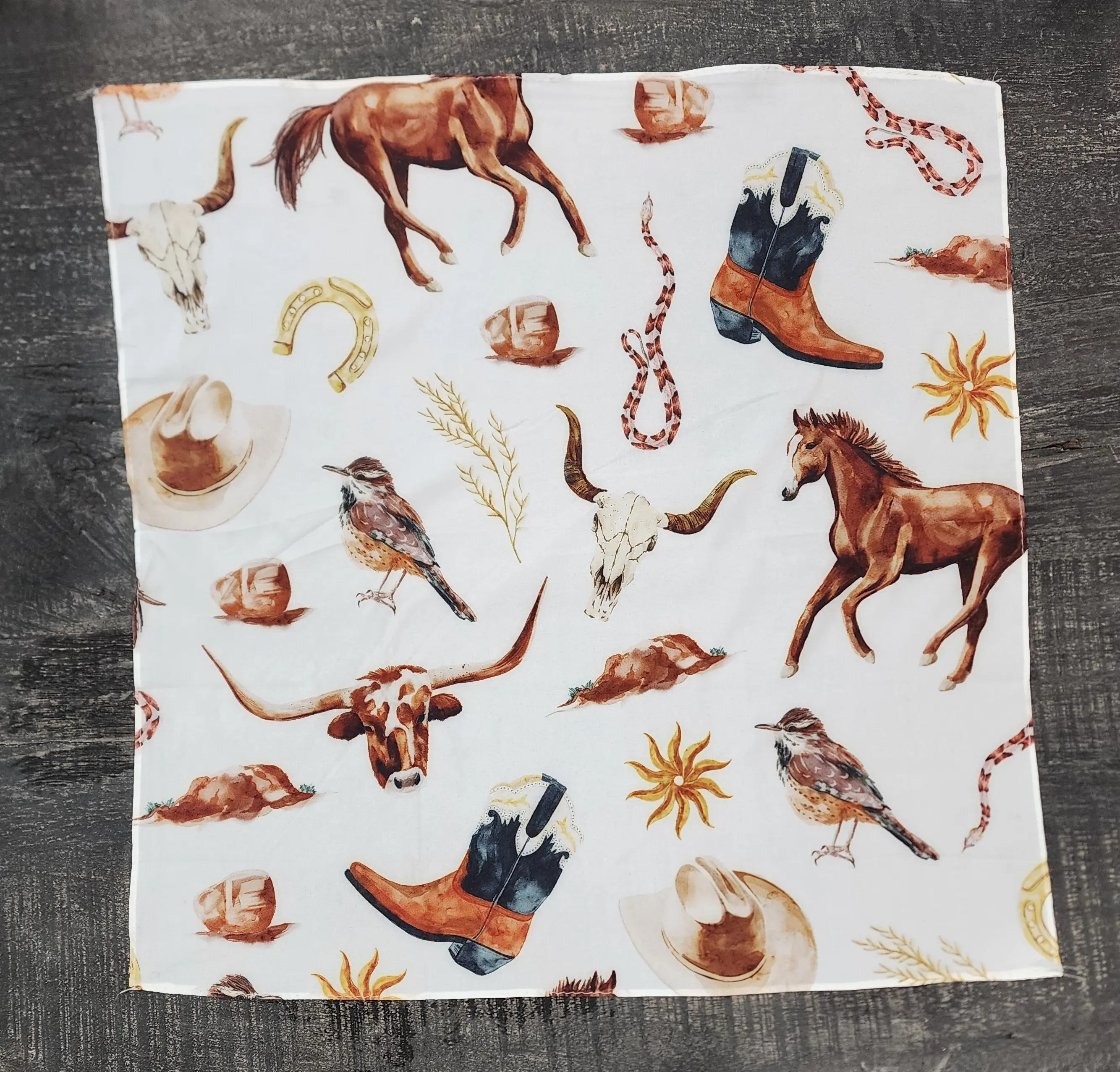 Western Rag Ranch Wild Cowboy Scarf Cream Cow Skull Horses