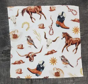 Western Rag Ranch Wild Cowboy Scarf Cream Cow Skull Horses