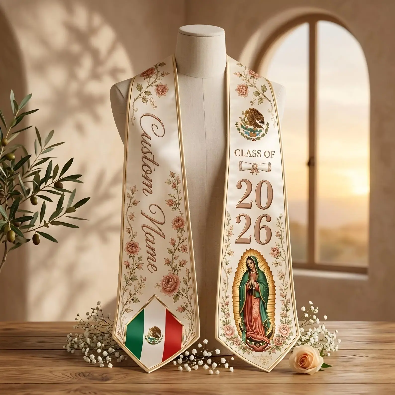 Personalized Mexican Graduation Stole 2026, Virgen De Guadalupe Senior Sash, Custom Floral Hispanic Grad Gift