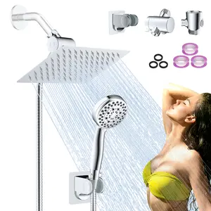 Hibbent Metal 10 Inch Rain Shower Head with Handheld Spray Combo, High Pressure Showerhead with 5 Modes Hand Spray, Dual Shower with Water Flow Control Valve, Shower Holder, 71" Hose, Chrome
