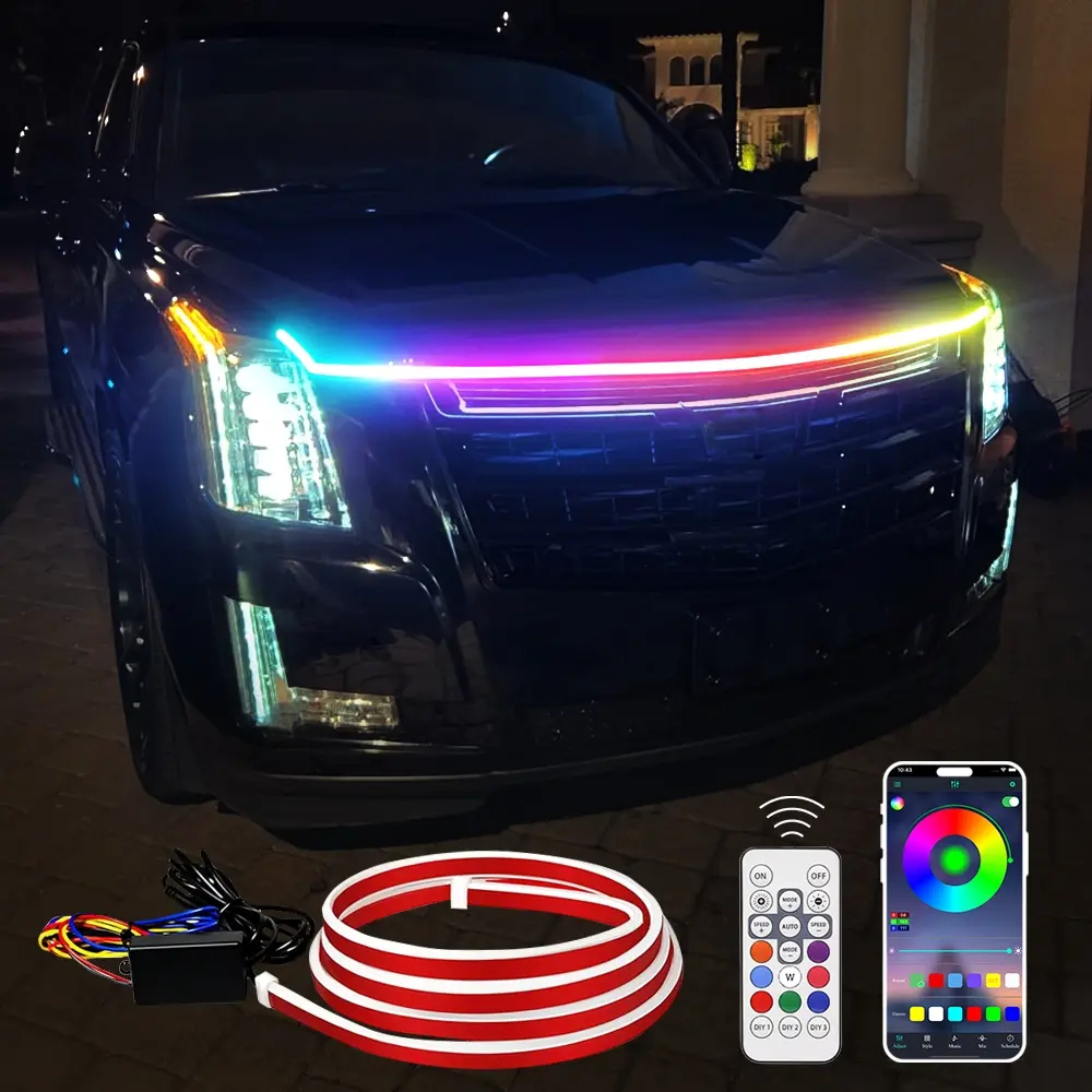 12V RGB LED Car Hood Light Strip, Multicolor Dynamic Scan Start Up Car Ambient Light, Car Ambient Lighting, APP Control Car LED Atmosphere Light Strip, Car Decorative Light with Remote Controller, Led For Car