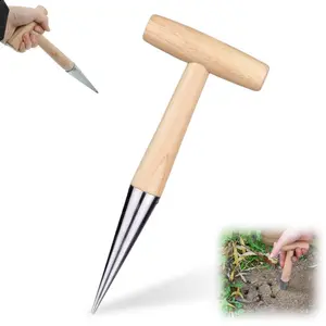Plant Digging Tool for Gardening, Manual Seed Dibber, T-Shaped Wood Handle, Easy Drilling, Garden Planting Tool, Seeds Transplant Machine