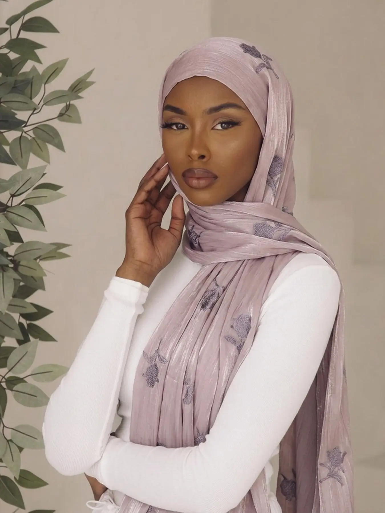 Elegant Rose Embroidered Crinkle Chiffon Scarf, Versatile Shawl Hijab, Chic Commute Travel Accessory, Stylish Wrap for All Seasons