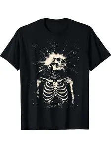 Goth Grunge Skeleton Skull Y2K Gothic Alt Emo Dark Aesthetic T-Shirt - Cool Design Street Trendy Style Women'S Tee, Comfortable Cotton Round Neck Shorts, Same Gender Design & Sleeves for Men & Women