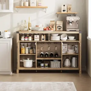 Wine Bar Cabinet with Rattan Sliding Door, 59" Coffee Bar Cabinet with Wine Rack & Adjustable Shelves, Sideboard Sideboard for Kitchen & Dining Room