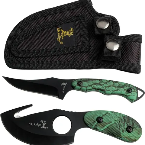 Elk Ridge 2-PC Fixed Blade Hunting Knife Set-Black Stainless Steel Skinner & Gut Hook Blades, ER-300CA,7-Inch/6.5-Inch Overall