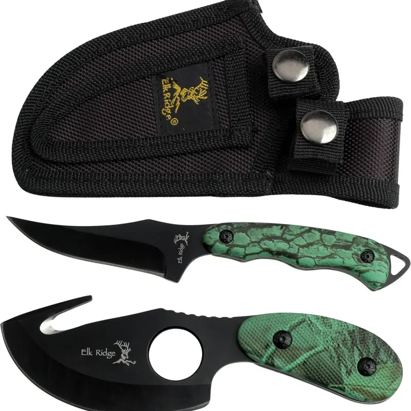 Elk Ridge 2-PC Fixed Blade Hunting Knife Set-Black Stainless Steel Skinner & Gut Hook Blades, ER-300CA,7-Inch/6.5-Inch Overall