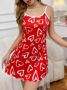 Sweet Women's Sleeveless Halter Fitted Nightgown, Nightdress, Heart Print Comfortable Elastic Fabric, Ruffled Hem & Thin Straps, Perfect for Home Wear Nightwear Loungewear