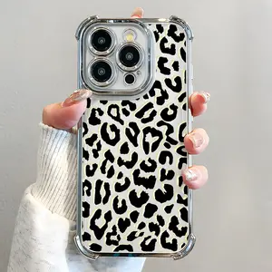 Black Leopard Pattern Phone Case , Electroplated Cover with Airbag Shockproof Slim Soft TPU Cover for iPhone 11 12 13 14 15 16 Pro Max Plus Girl Women