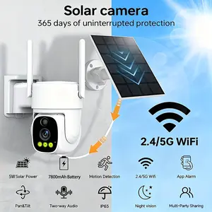 Long-lasting battery life 2.4G/5G WiFi solar camera, featuring human body detection, AI motion detection, two-way talk, automatic tracking function, supports 2K resolution, color night vision, 360 °   coverage °   Gimbal rotation,