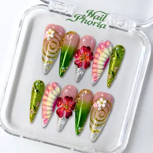 NailPhoria EMERALD FLORA -SUMMER Handmade Press-On Nails | Reusable, Salon-Quality, Long-Lasting, Glossy Design