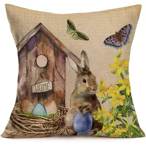 Happy Easter Day Cute Rabbit Bunny Easter Egg Throw Pilllow Covers Easter Gloden Flowers Butterfly Home Decoration 16x16Inch Cotton Linen Spring Famhouse Pillow Case (S02-Rabbit, 16"X16")
