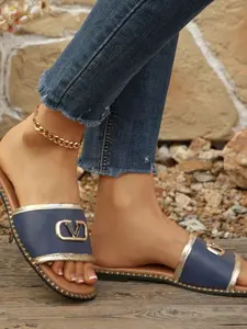 Summer New Square Toe Slip-On Sandals for Women, Fashion High-End Flat Metal Colorblock Slippers, Breathable Versatile Casual Shoes