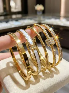 5-Piece Zirconia Inlaid Titanium Steel Bracelet Set, Waterproof Non-Fading Gold Plated, High-End Plain Circle Bangles, Stackable Bracelets