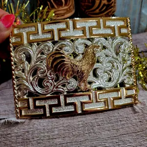 Rooster Belt Buckle Faux Mexican Peso Design rose tone  with Central Emblem, Rectangular Style, and Decorative Elements, Unisex, Metal, 4.5 x 3.5 Inches