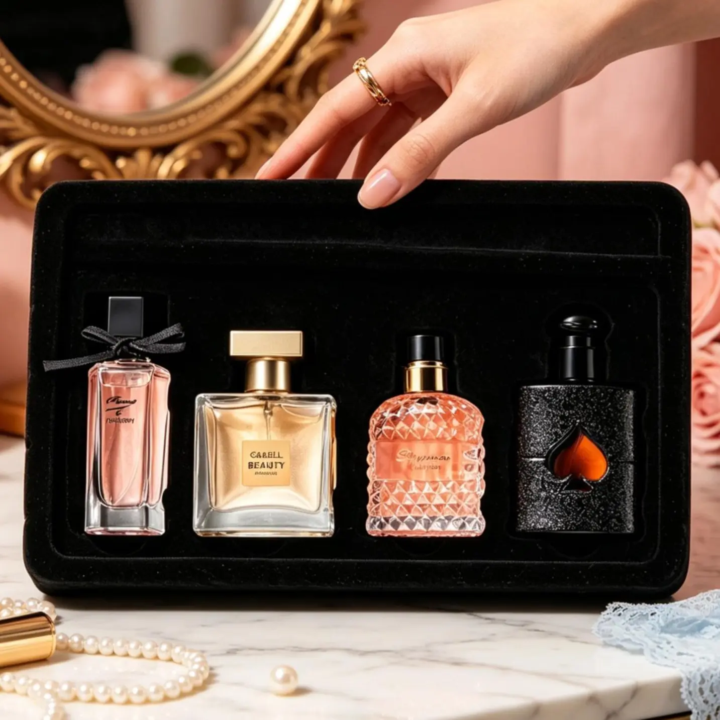 Women’s floral fruity perfume set, litchi peach citrus top, jasmine lily heart, warm vanilla musk base. 72hr soft sweet aroma, elegant bottle for daily dates & birthday gifting.