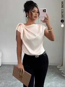 Women's Elegant Solid Color Satin Shirt, Summer Lightweight Sophisticated Twist Lapel Blouse，Stylish Ladies' Casual Wear, Perfect for Daily, Comfortable and Sophisticated Design