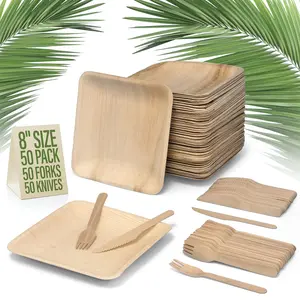 Compostable Square Palm Leaf Plates 8 Inch with Forks & Knives (50 Each) - Disposable Dinnerware Set, Biodegradable, Eco-Friendly, Microwave & Oven Safe, Bamboo Plate Alternative